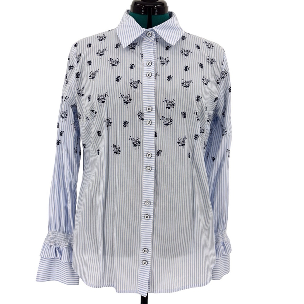 Cabi Whitney Shirt # 5368, Blue and White Striped and Floral Print, Medium